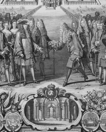 Almanach pour l'année 1707 : Le roi, accompagné de sa cour, visite l'hôtel des Invalides et sa nouvelle église et y entend la messe